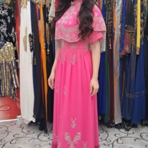 women’s pink beaded net cape with heavy embroidery