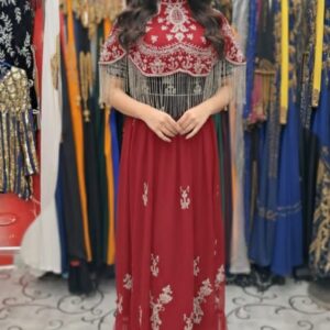 women’s golden red beaded net cape with heavy embroidery | free size capelet for sarees lehengas and gowns