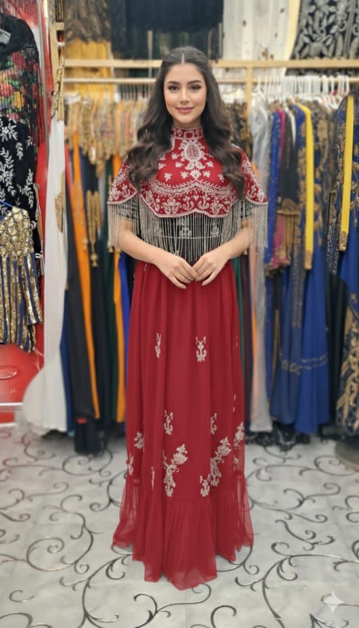 women’s golden red beaded net cape with heavy embroidery | free size capelet for sarees lehengas and gowns women’s golden red beaded net cape with heavy embroidery | free size capelet for sarees lehengas and gowns